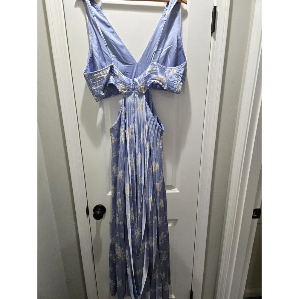 Abercrombie & Fitch Satin Giselle Pleated Cutout Maxi Dress Blue Floral XLT